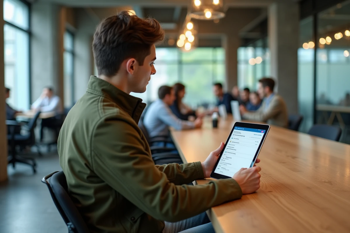 Jeune professionnel accédant à son espace CGI Network sur tablette dans un espace de coworking contemporain