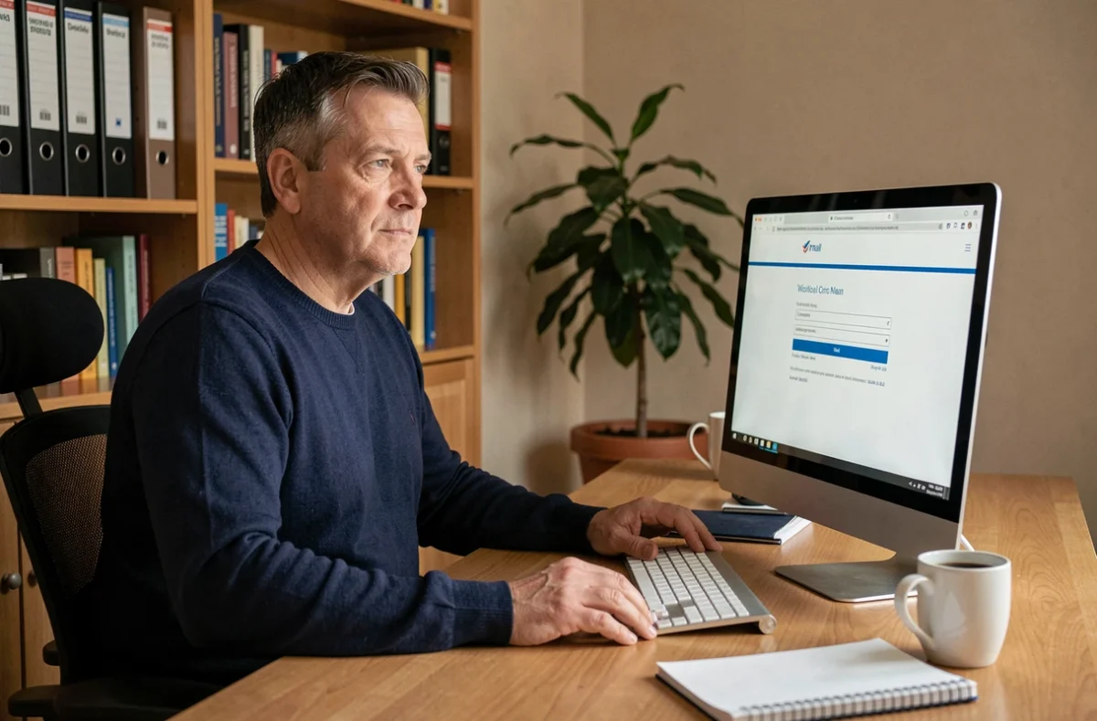 Homme accédant à son webmail depuis un bureau à domicile avec un ordinateur de bureau