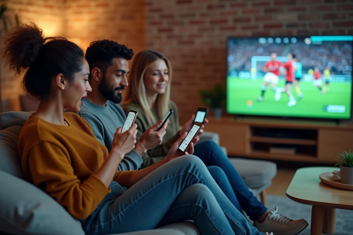 Groupe d'amis réunis dans un salon consultant l'actualité sportive sur leurs smartphones