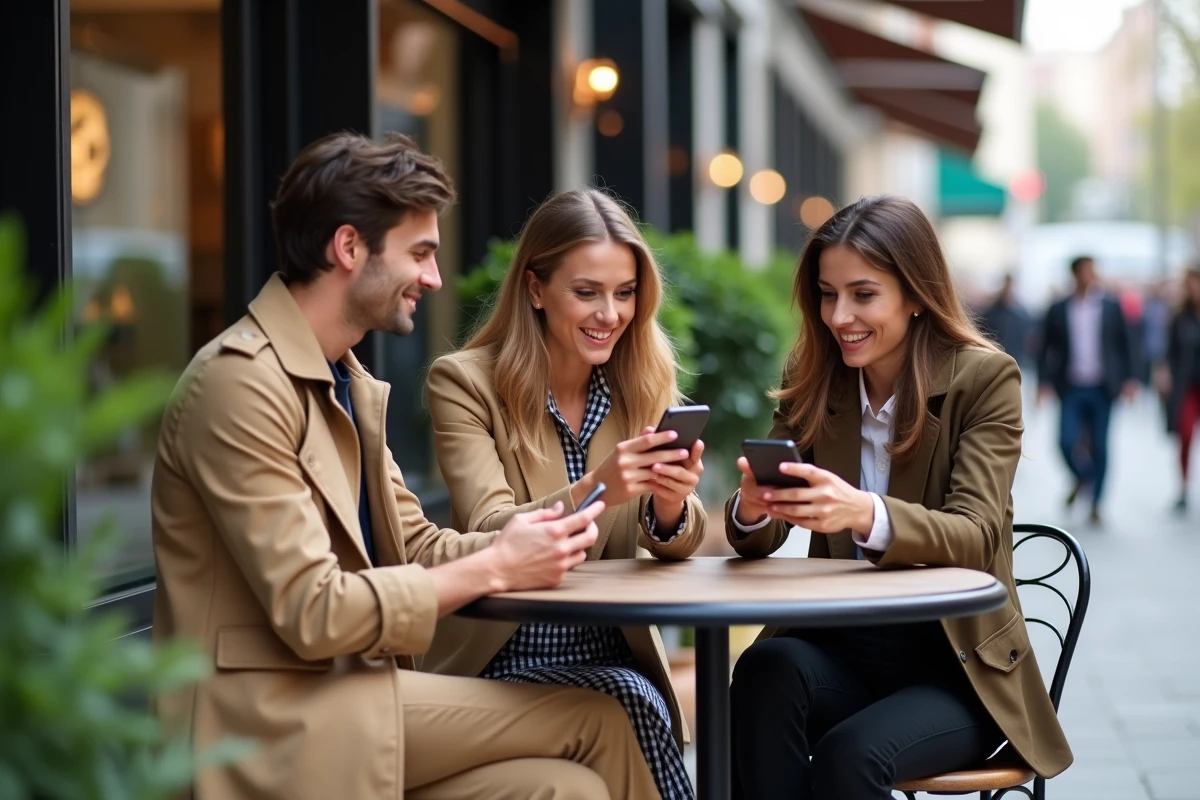Trois amis mode urbaine partageant découvertes mode en extérieur