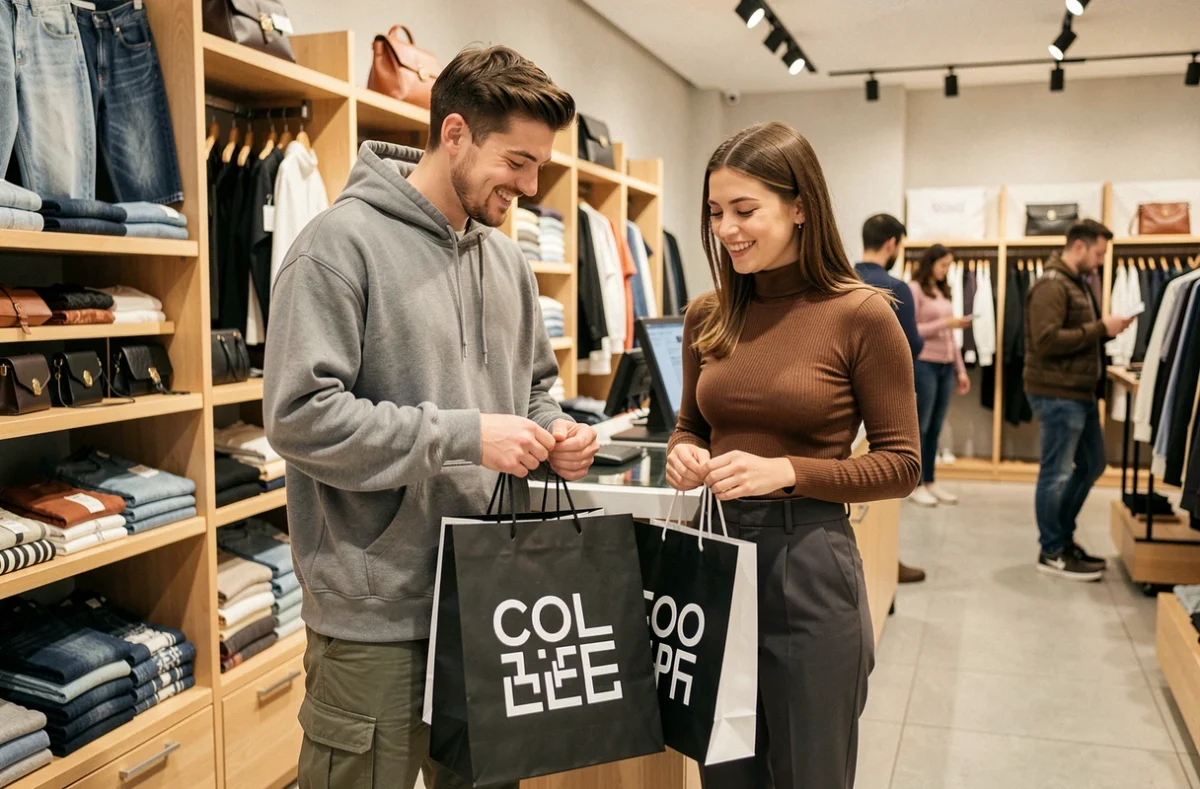 Deux amis souriants avec leurs achats dans le magasin New Yorker au Mans, tenant des sacs de shopping tendance