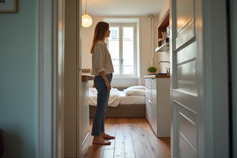 Jeune femme dans un appartement F1 de type studio avec espace de vie unique et kitchenette intégrée