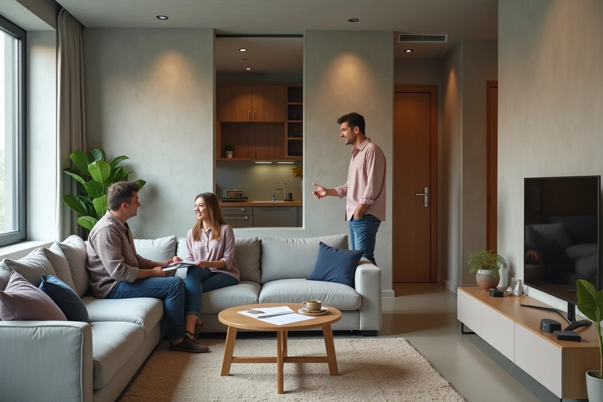 Couple en train de visiter un appartement F2 avec salon séparé et une chambre distincte