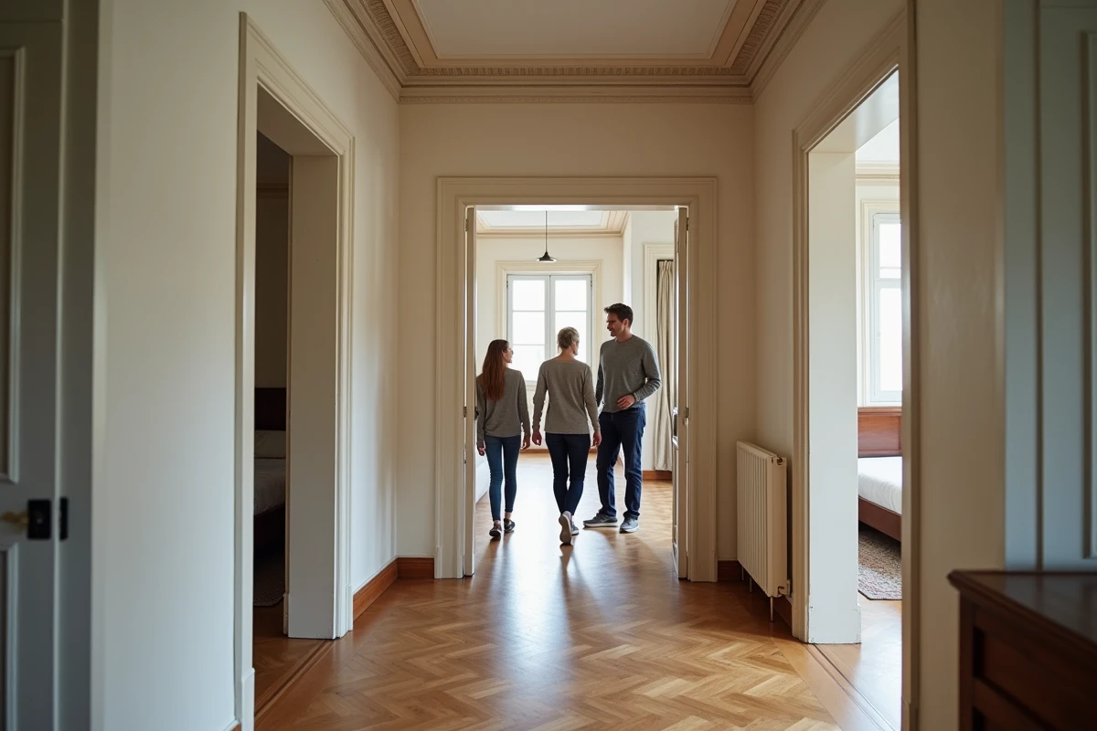 Famille visitant un appartement F3 avec deux chambres séparées et salon indépendant dans immeuble haussmannien