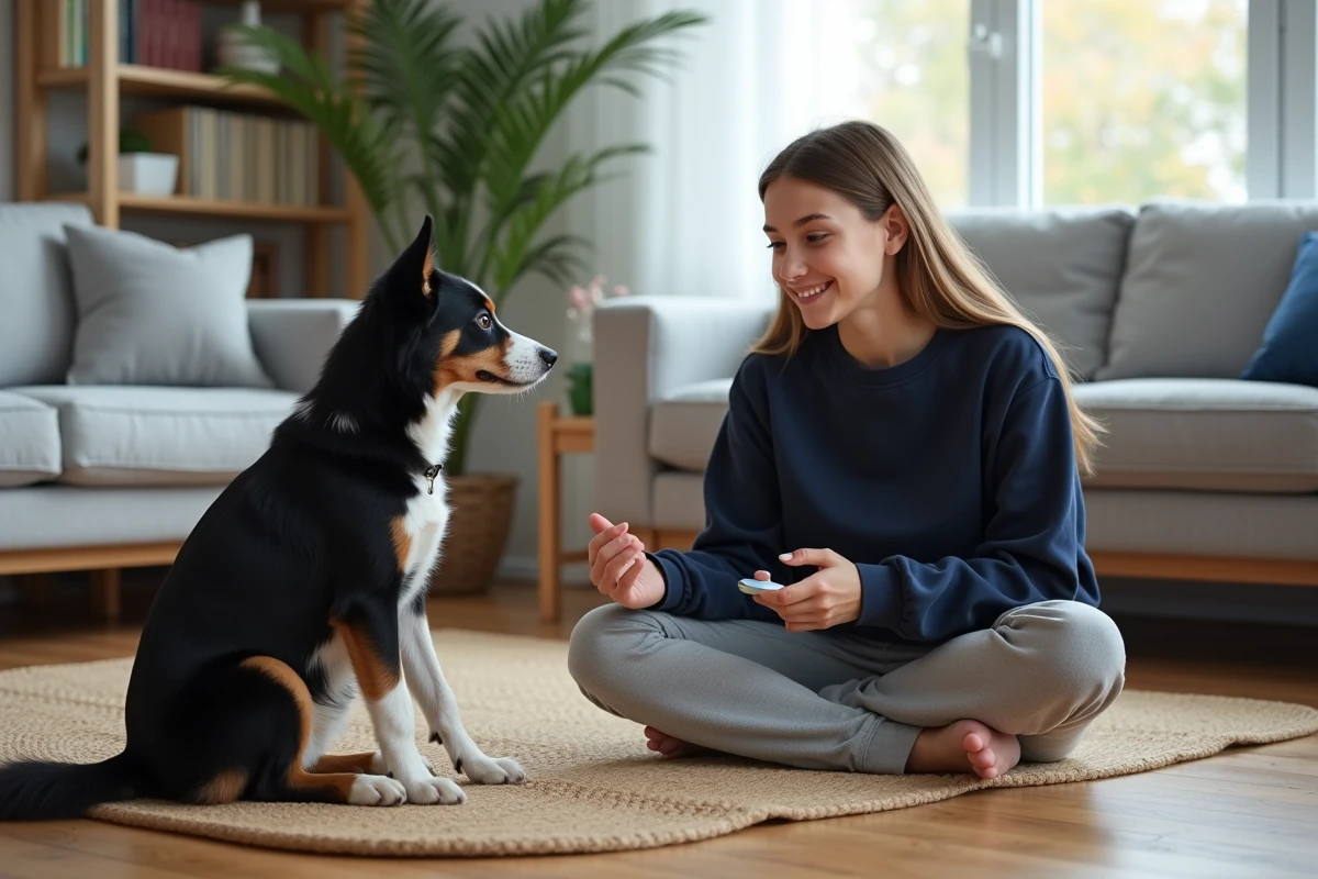 Adolescente utilisant un clicker pour entraîner son border collie dans un salon chaleureux