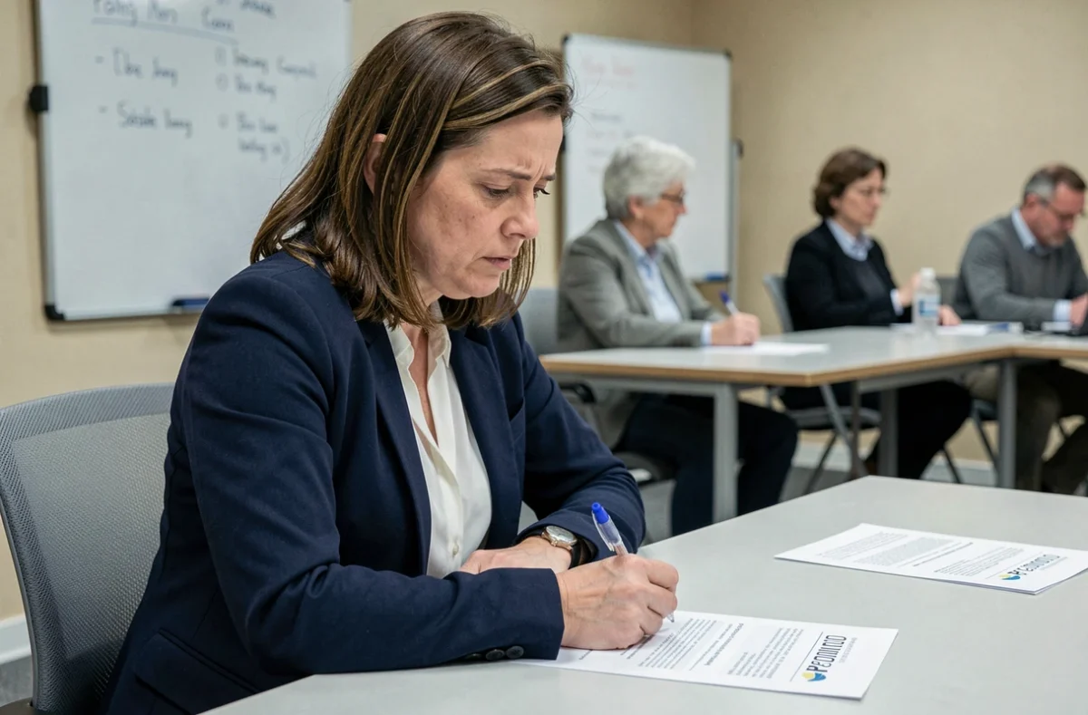 Femme participant à un atelier obligatoire Pôle emploi, assise en salle de formation avec un document et un stylo