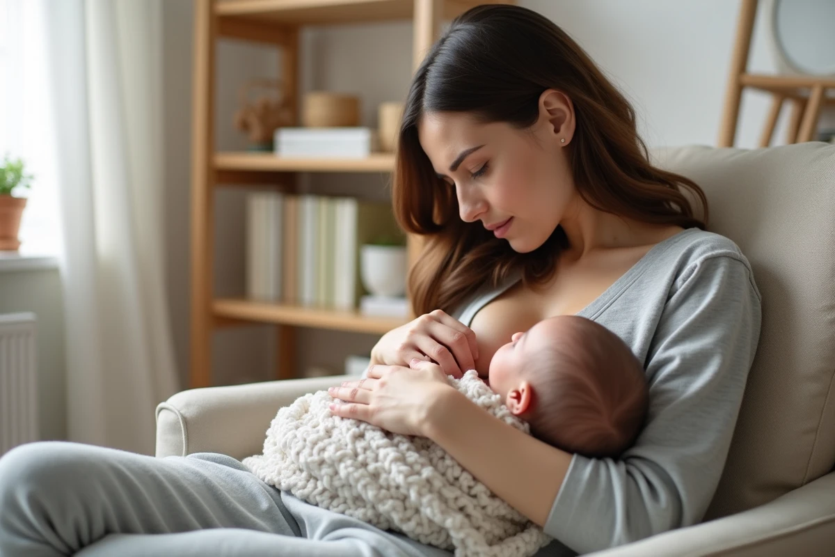 Mère allaitant son bébé glouton dans une chambre de bébé cosy, bébé tenant le vêtement maternel avec appétit