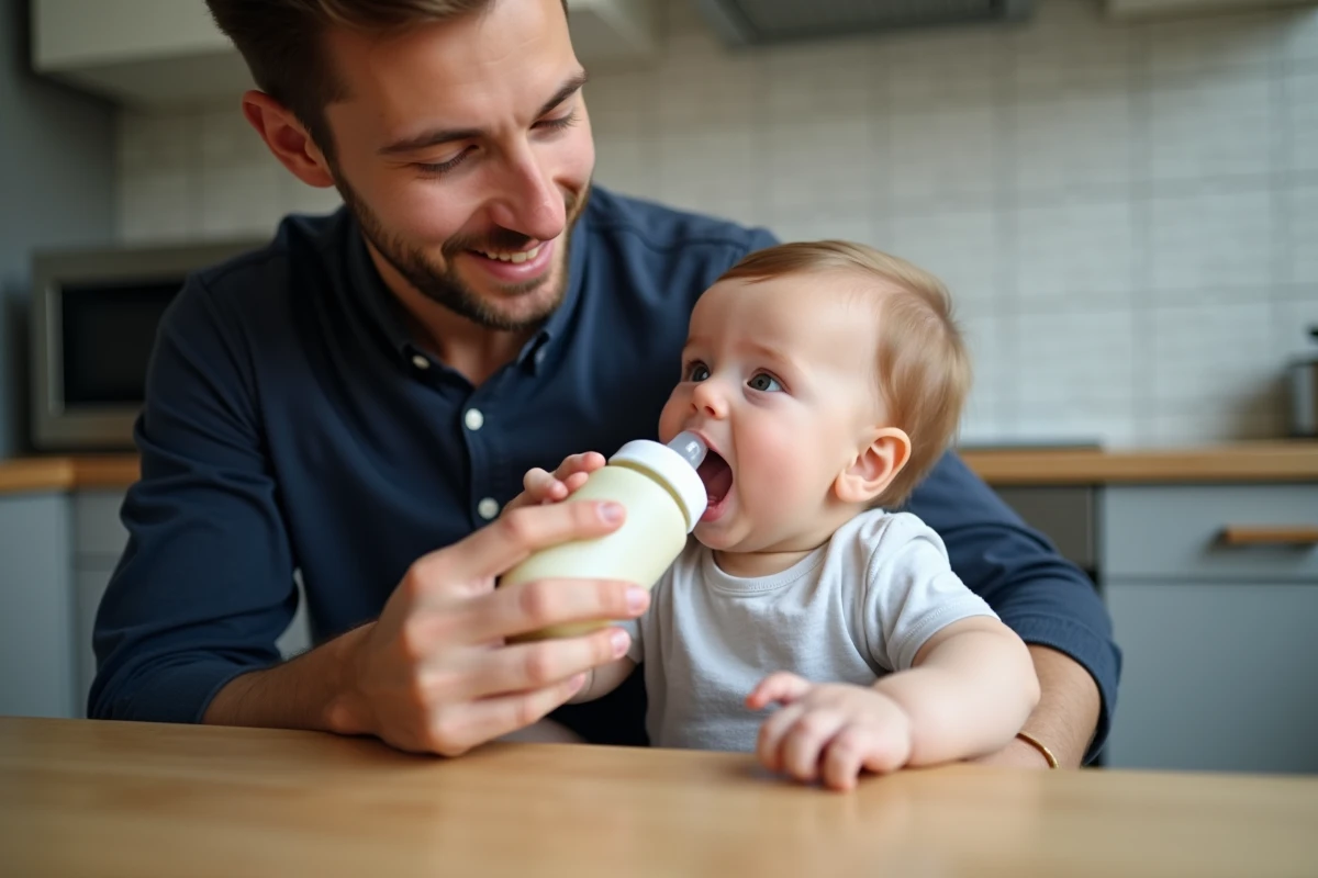 Père donnant le biberon à un bébé affamé et glouton dans une cuisine moderne, bébé se penchant avec appétit vers le biberon