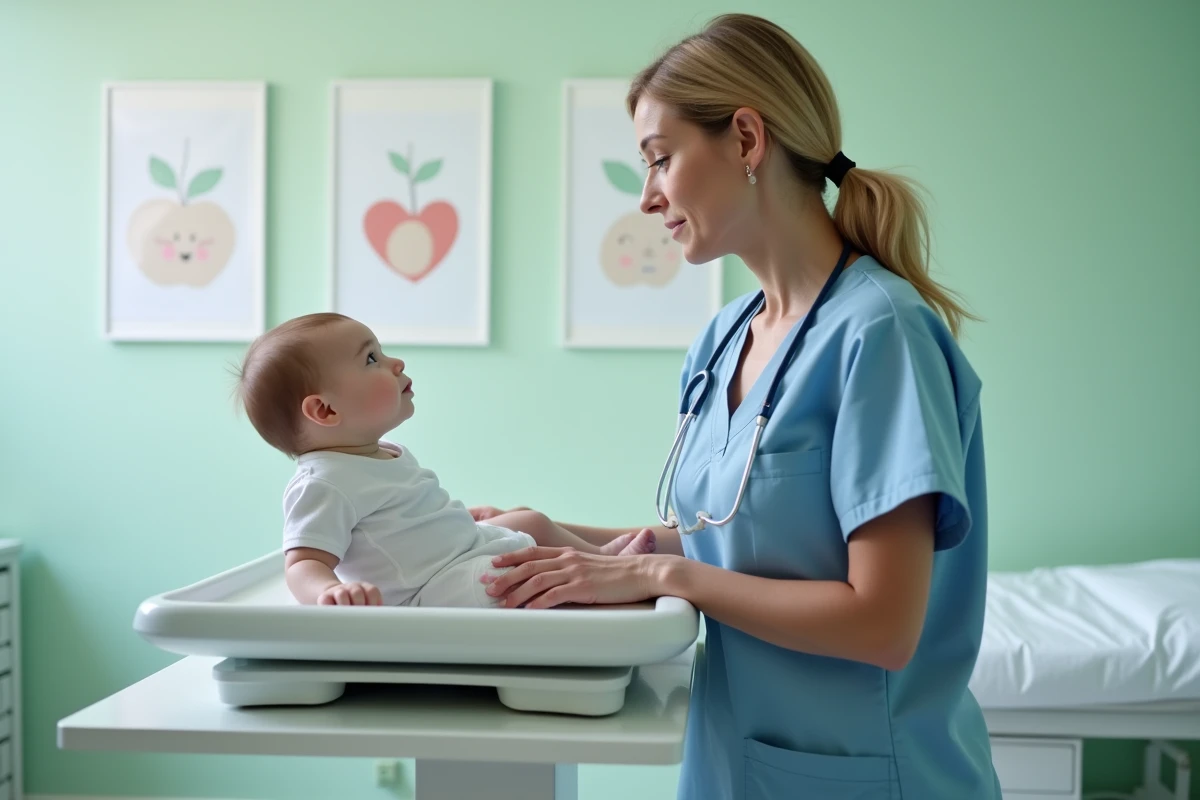 Infirmière pédiatrique pesant un nourrisson sur une balance dans un cabinet médical pour évaluer la prise de poids d'un bébé glouton