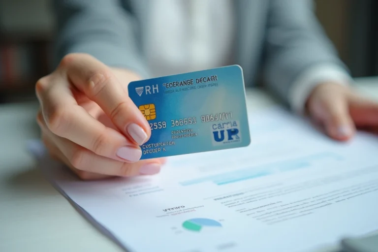 Gros plan d'une carte nationale d'identité française tenue dans une main de femme, posée sur un bureau en bois blanc