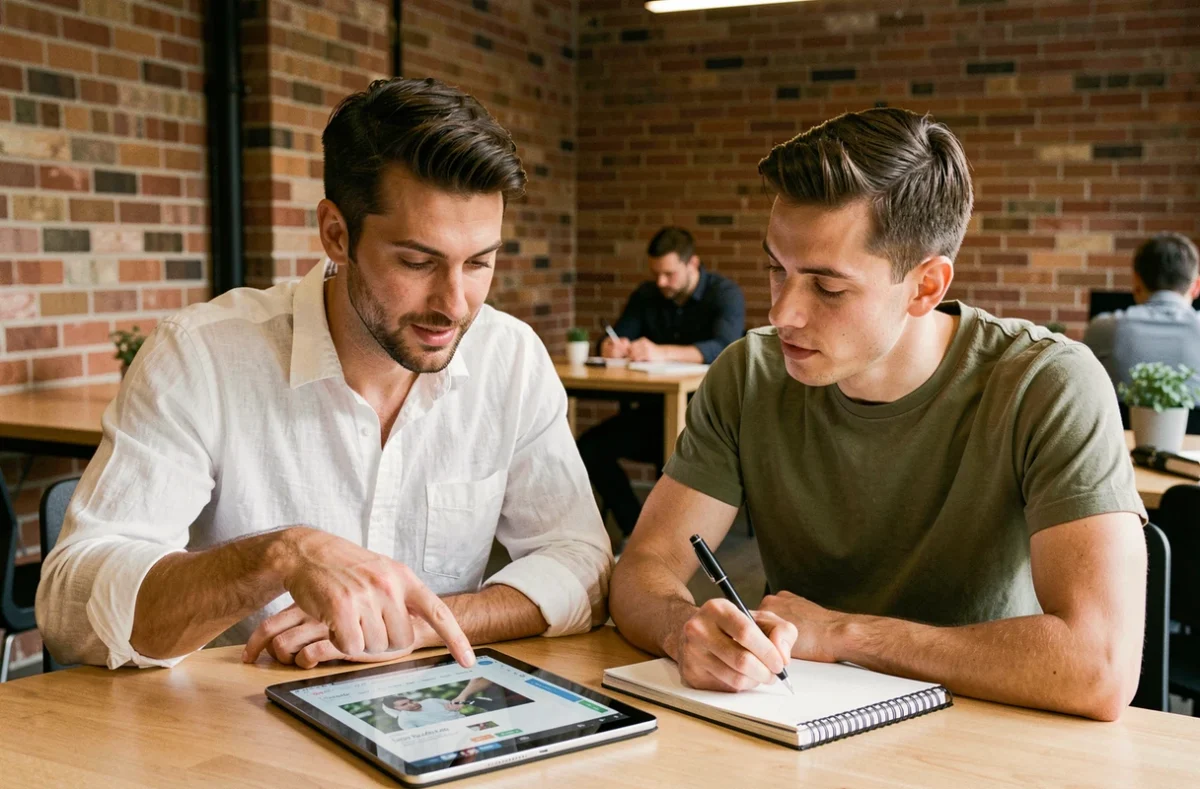 Deux collègues discutant du fonctionnement du site albrad.com autour d'une tablette dans un espace de coworking
