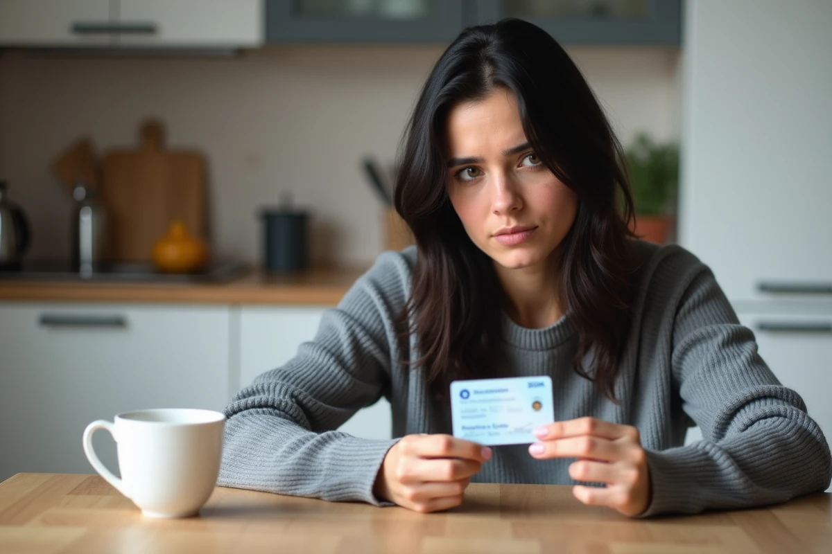 Jeune femme comparant une ancienne et une nouvelle carte d'identité française à la maison