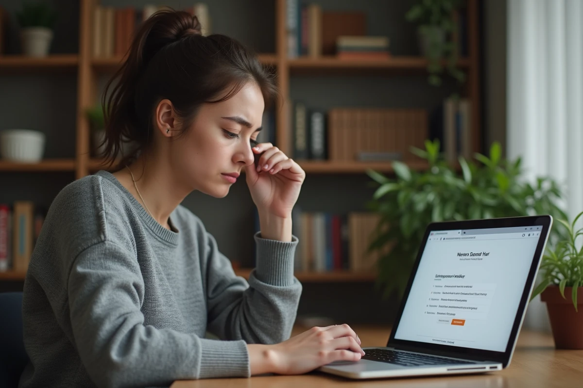 Femme frustrée devant un message d'erreur de compte bloqué sur un ordinateur portable