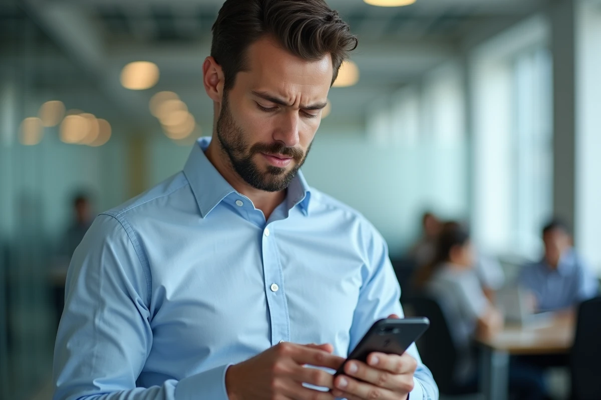 Homme professionnel consultant une notification de refus de compte sur son smartphone au bureau
