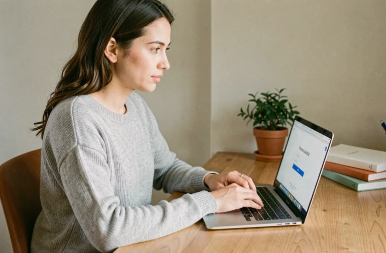 Femme connectée à son compte Orchestra sur un ordinateur portable dans un bureau à domicile