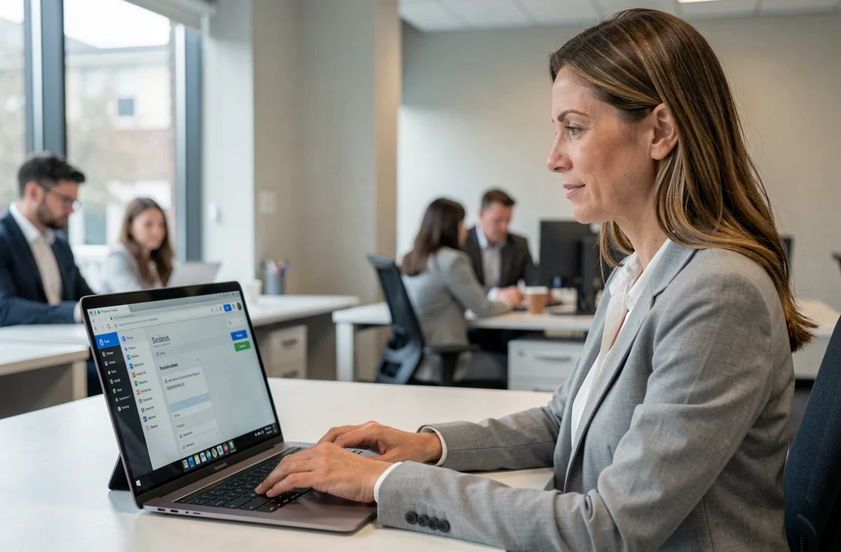 Femme professionnelle se connectant à son webmail sur un ordinateur portable dans un bureau moderne