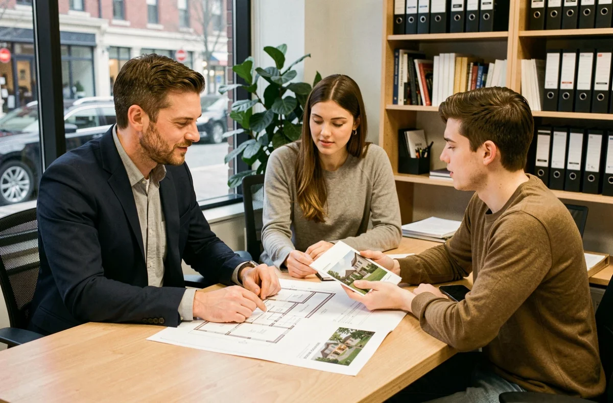 Un conseiller immobilier présente des plans à un jeune couple dans une agence moderne, illustrant l'accompagnement personnalisé dans un projet immobilier