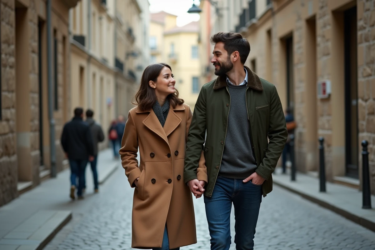 Couple se promenant main dans la main dans une rue pavée, illustrant la complicité et la vie de couple d'Alicia Dauby
