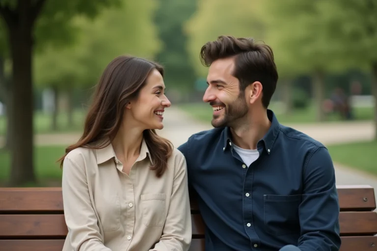 Couple complice partageant un moment intime sur un banc de parc, illustrant la vie privée d'Alicia Dauby et son compagnon