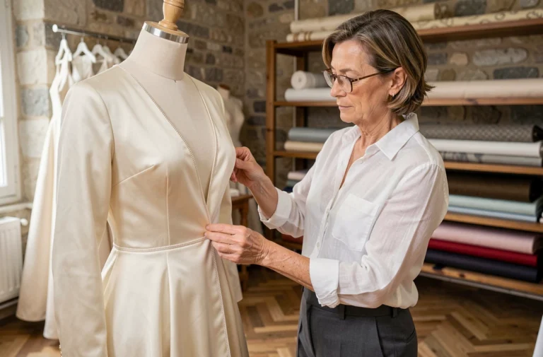 Créatrice de mode niçoise inspectant une robe de haute couture dans son atelier aux murs en pierre