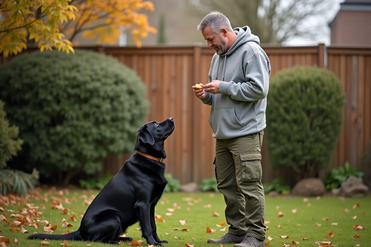 Homme qui récompense son labrador noir avec une friandise lors d'un entraînement dans un jardin