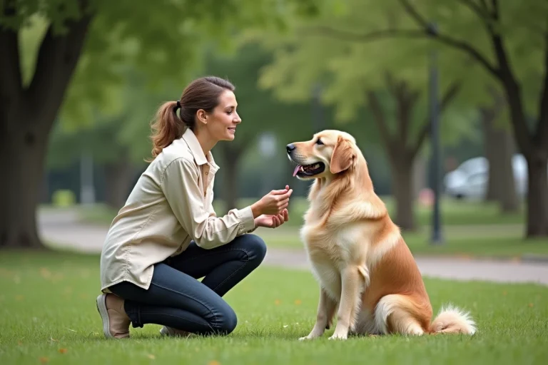 Femme en train d'éduquer son golden retriever dans un parc urbain avec un signal de la main