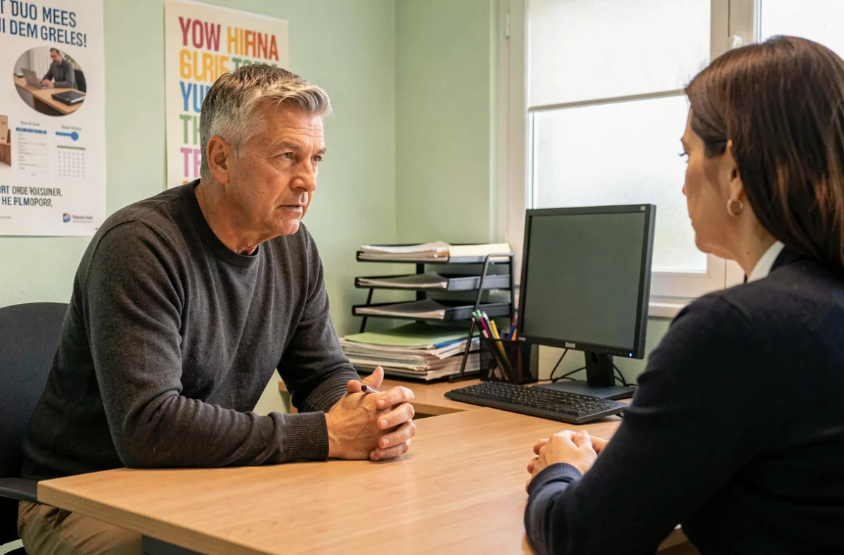 Homme en entretien avec un conseiller Pôle emploi dans un bureau de suivi d'accompagnement obligatoire