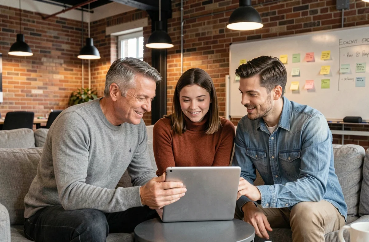 Équipe diversifiée collaborant autour d'une tablette dans un espace de coworking moderne symbolisant la collaboration digitale en entreprise