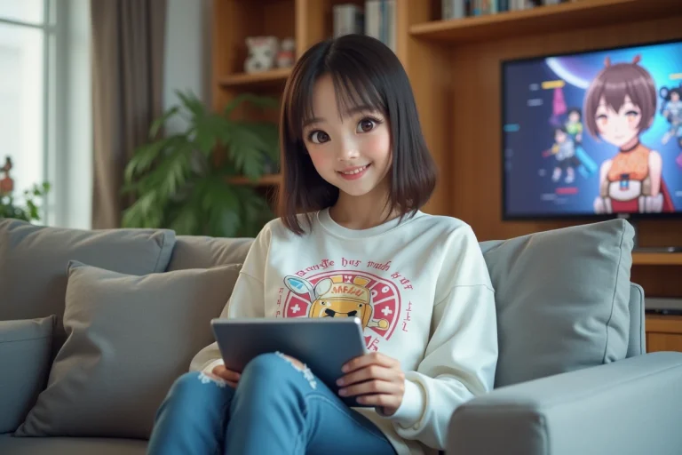Femme souriante avec tablette annonçant Darling in the Franxx saison 2