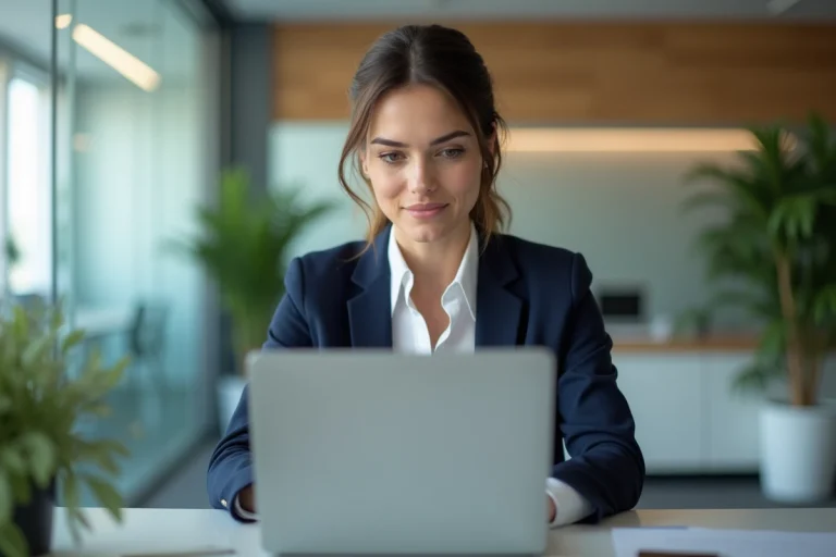 Femme professionnelle en bureau moderne vérifiant ses e-mails