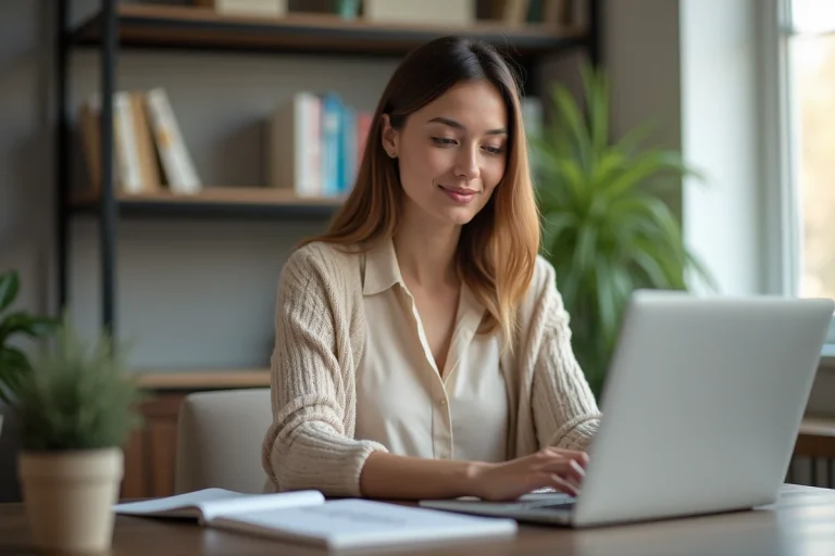 Femme utilisant un ordinateur portable à la maison