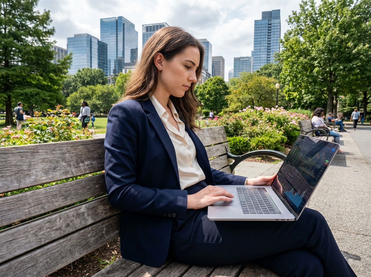 Jeune femme en extérieur utilisant son ordinateur portable