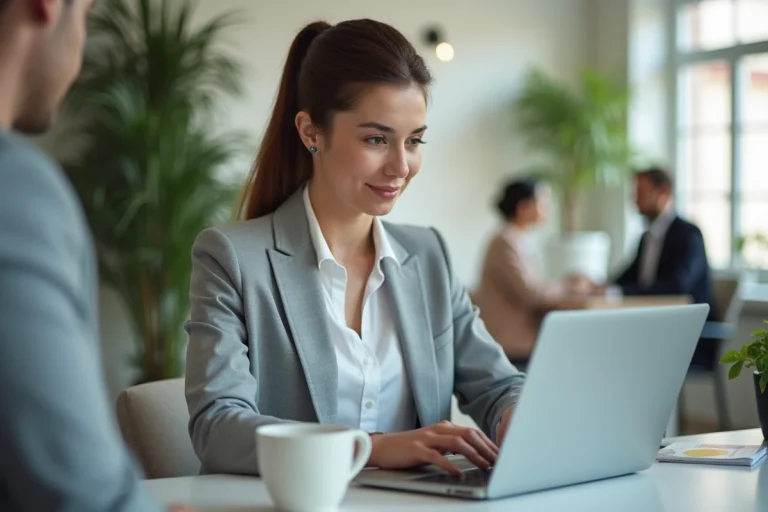 Femme professionnelle connectée à son espace client CGI Network sur un ordinateur portable dans un bureau moderne