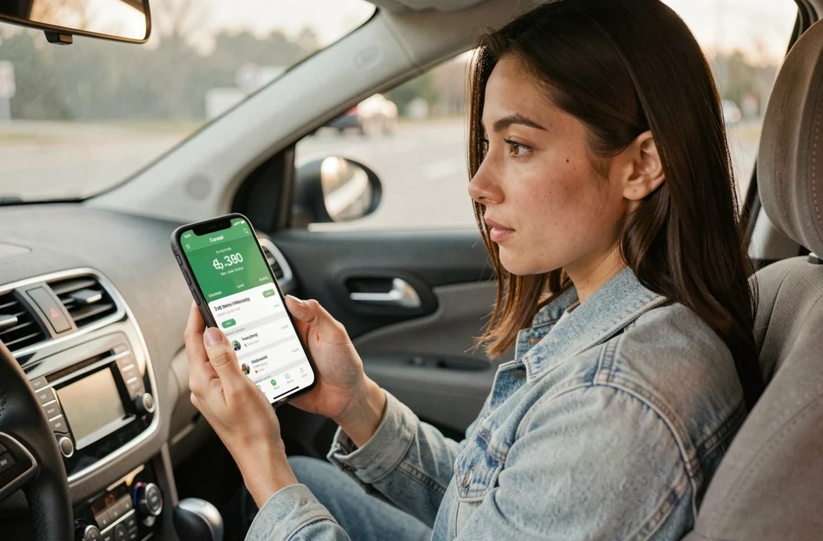 Femme consultant les frais Blablacar sur son smartphone dans une voiture en covoiturage