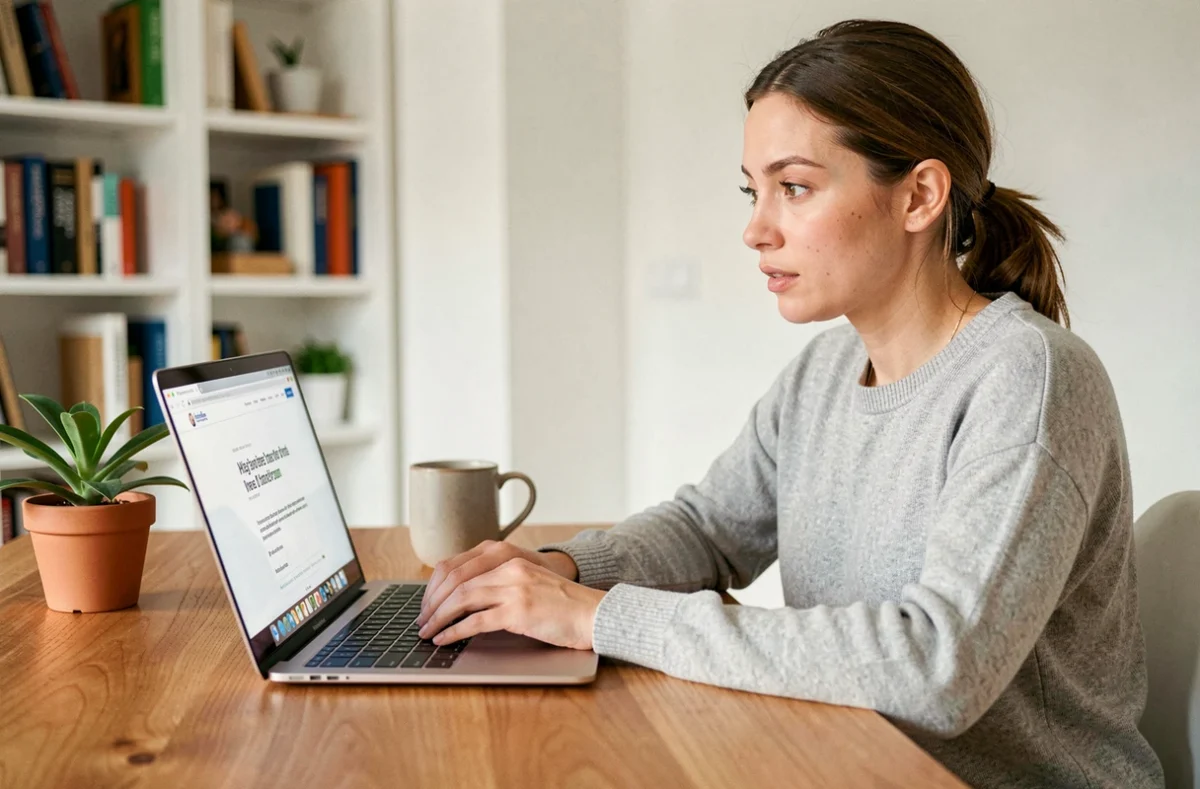 Femme parcourant le site albrad.com sur un ordinateur portable dans un bureau à domicile moderne