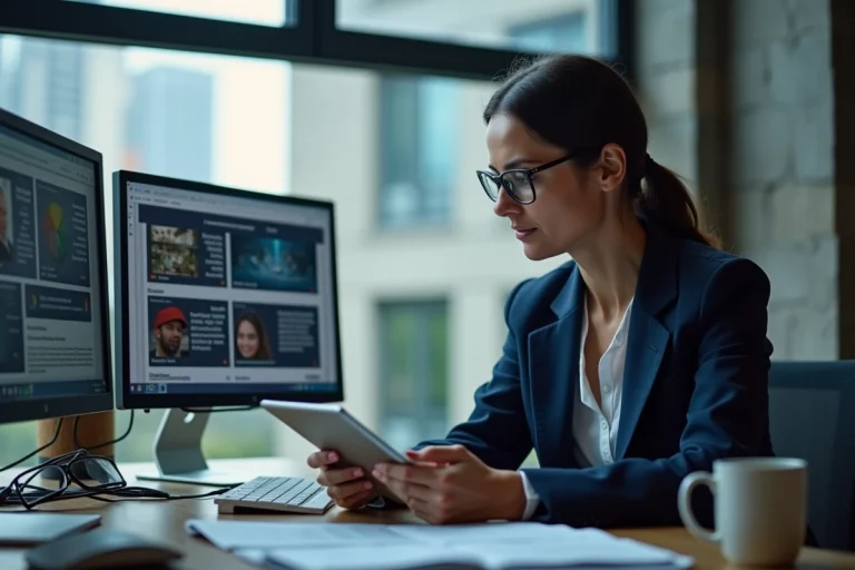 Femme professionnelle consultant les dernières actualités sur tablette et écrans dans un bureau moderne urbain