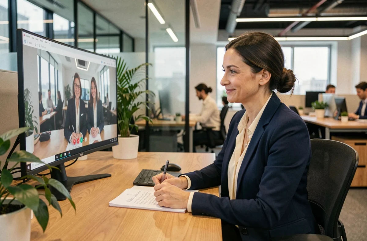 Femme en réunion vidéo dans un bureau moderne illustrant la transformation digitale de la communication en entreprise