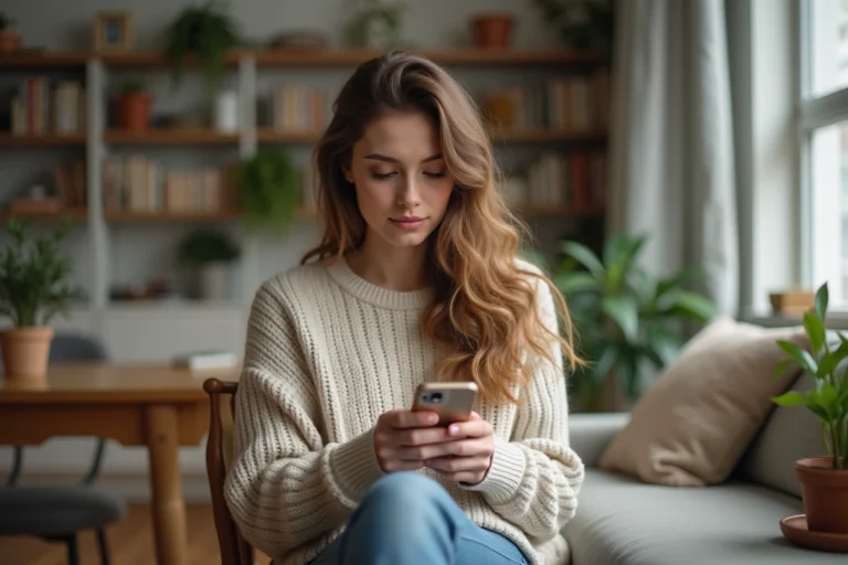 Jeune femme assise à son bureau avec smartphone dans un intérieur cosy