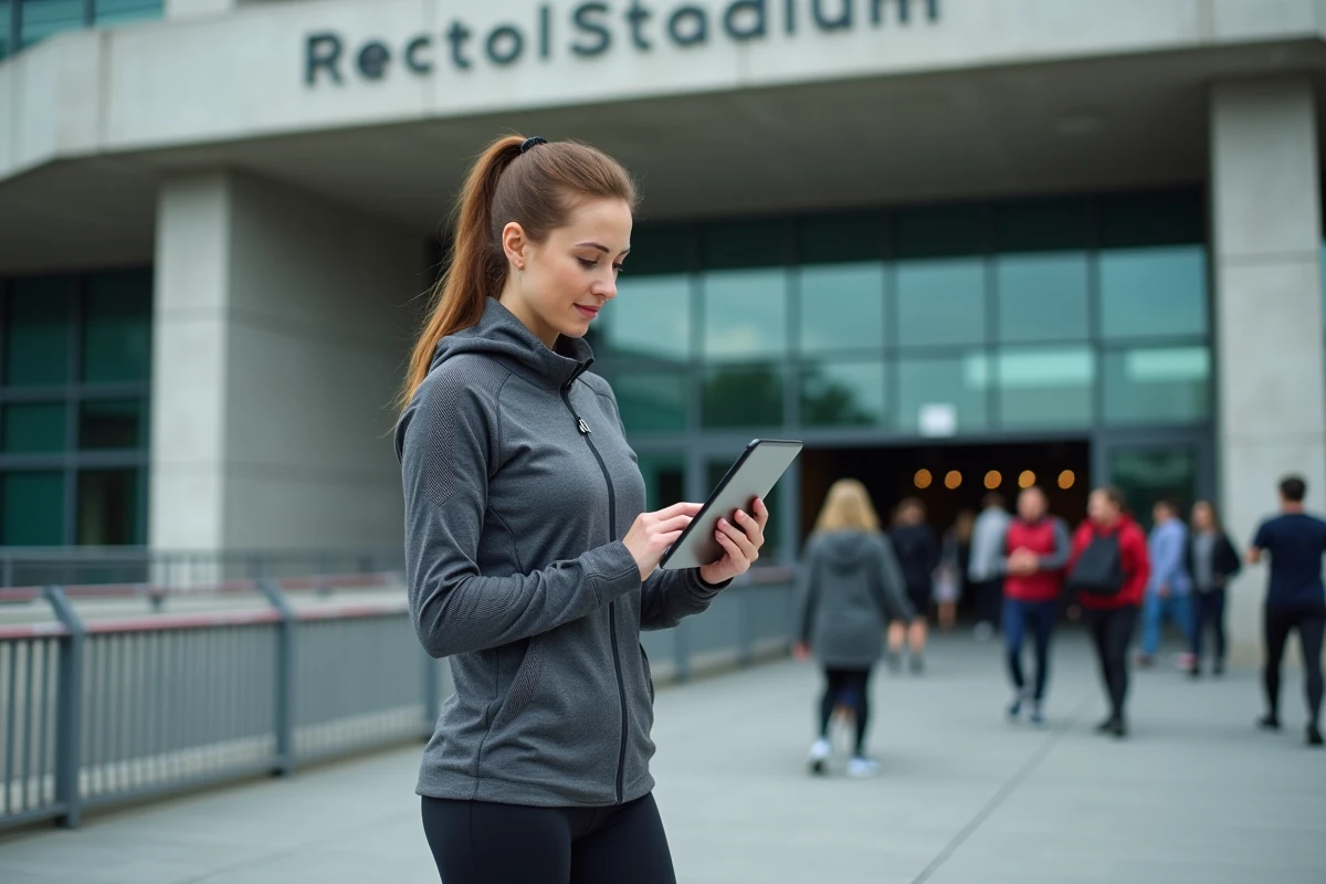 Femme athlétique consultant l'actualité sportive sur tablette devant l'entrée d'un grand stade
