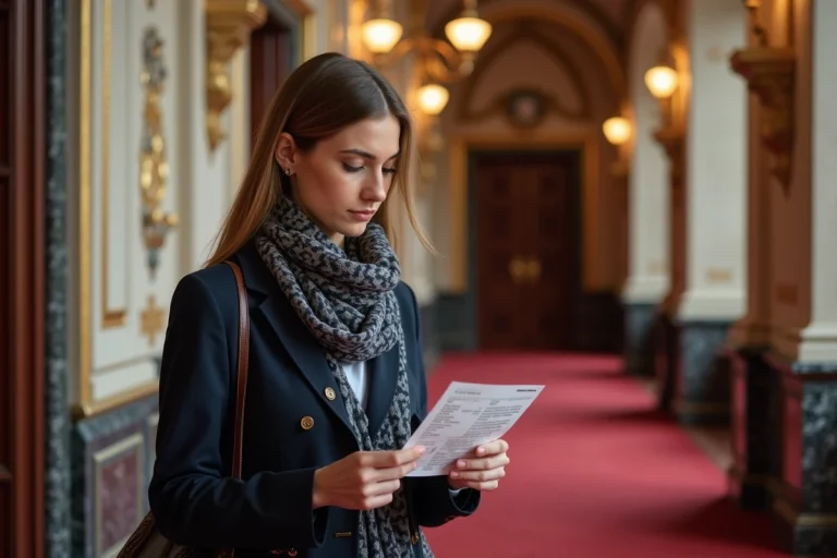 Femme élégante dans le foyer du PalaisRoyal en train de lire son billet