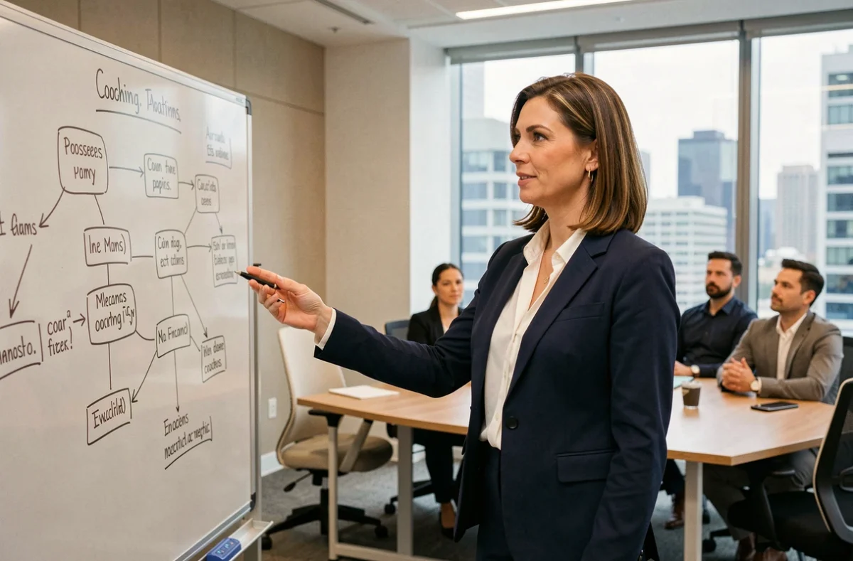 Formatrice en coaching professionnel animant une session de formation en salle moderne