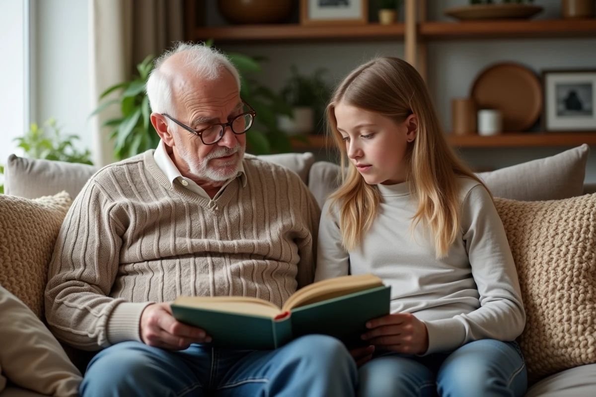 Grand-pere lisant un livre a sa petite fille dans le salon