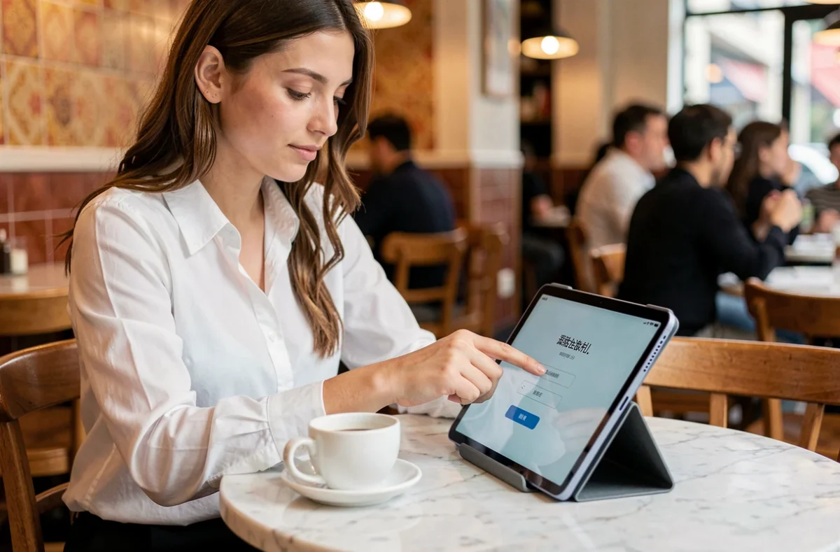 Jeune femme effectuant sa première connexion au compte Orchestra sur une tablette dans un café