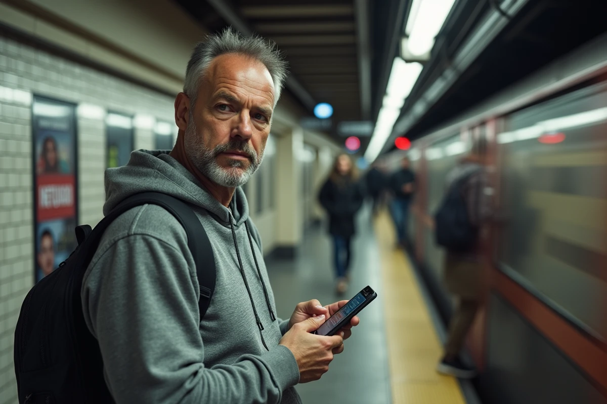Homme consultant les actualités sur smartphone dans une station de métro parisienne animée