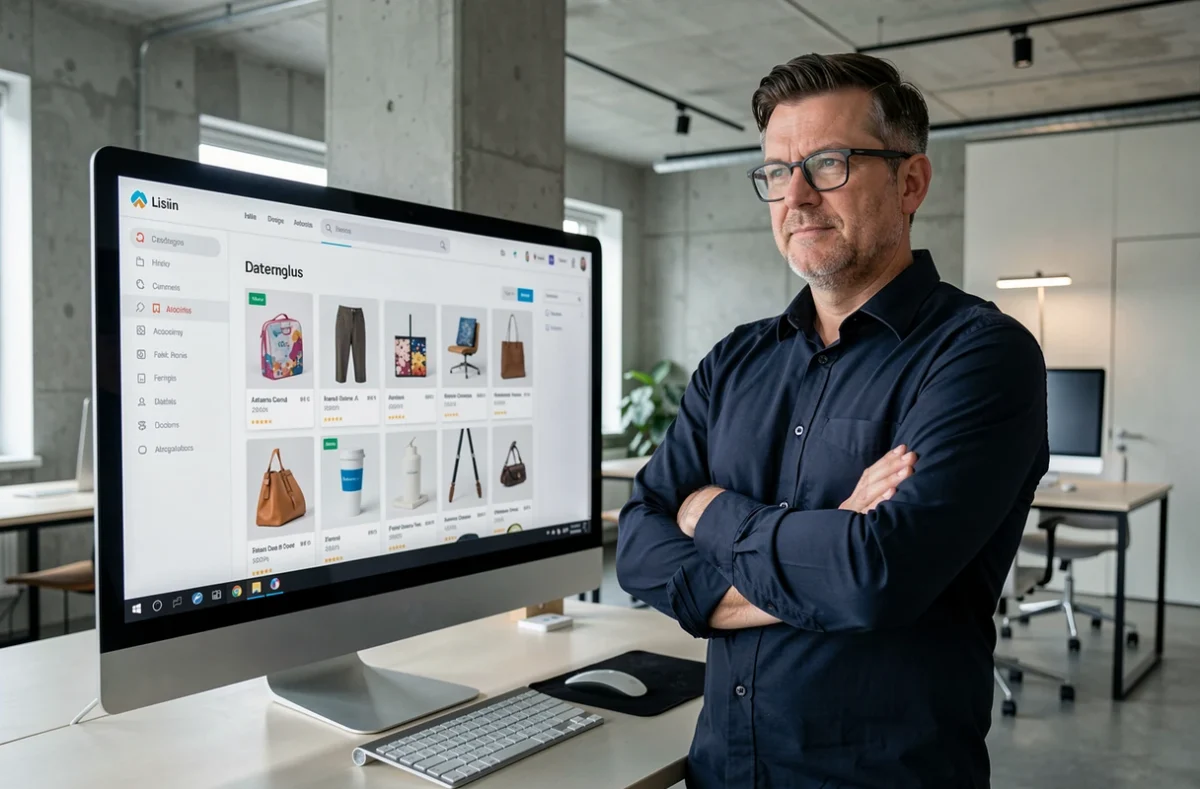 Homme analysant le fonctionnement du site albrad.com sur un écran de bureau dans un espace de travail moderne