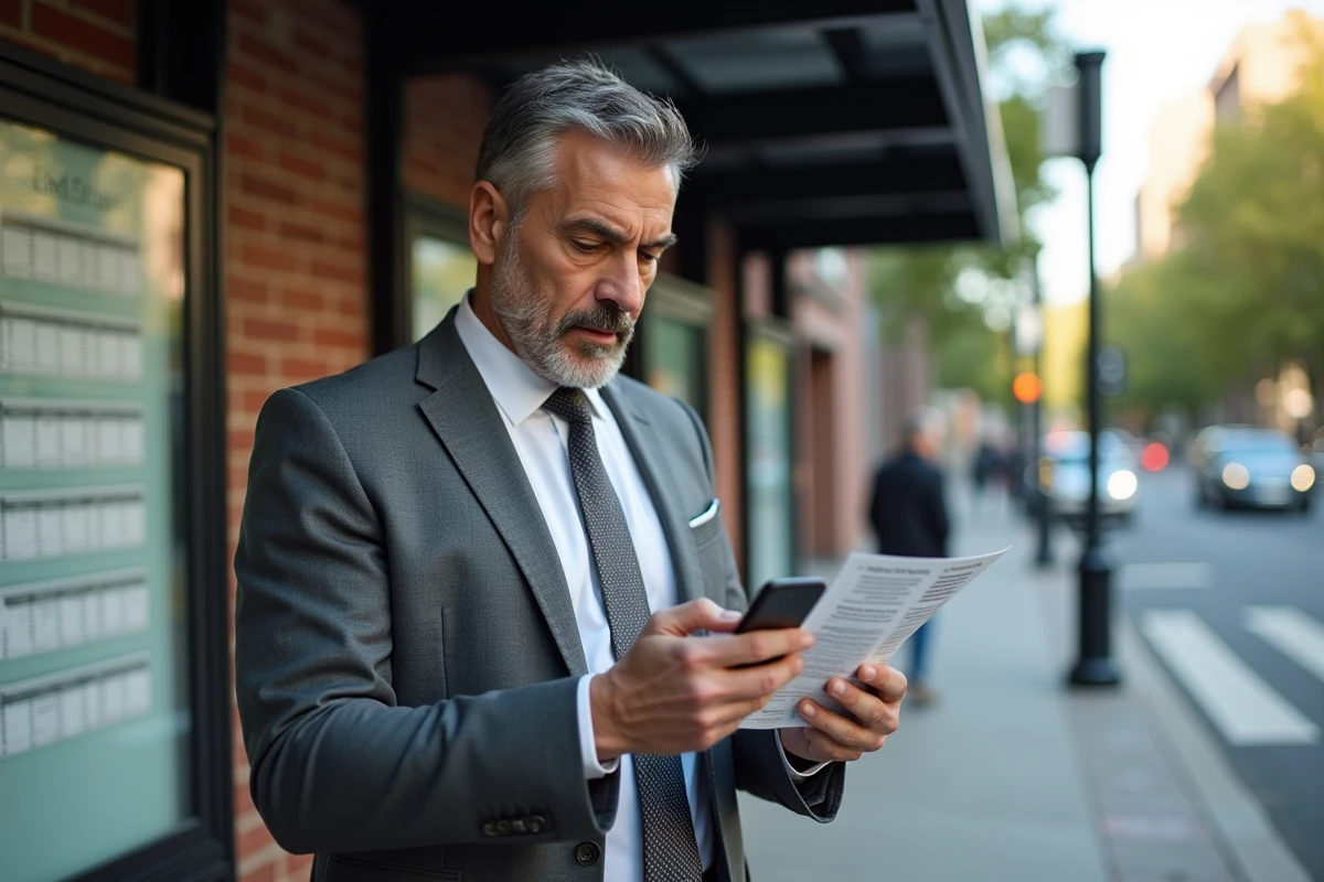 Homme en costume attend à un arrêt de bus en ville