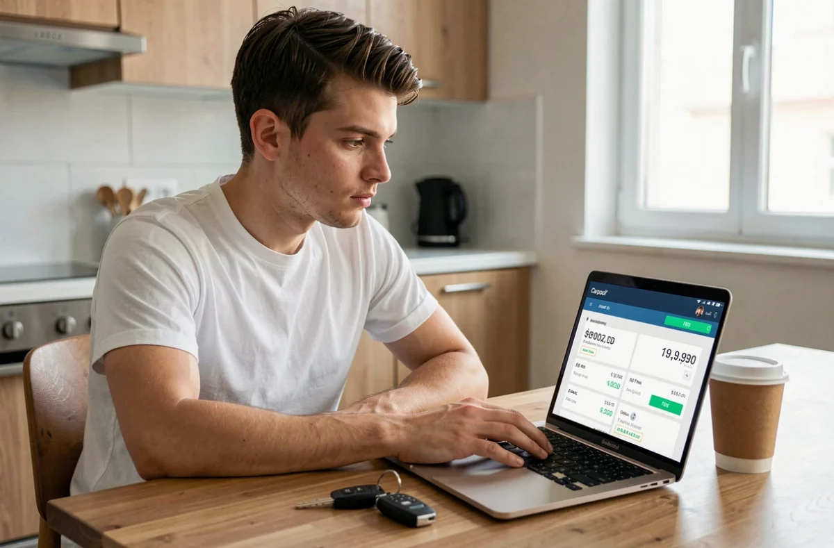 Jeune homme analysant les frais et tarifs Blablacar sur son ordinateur portable à la maison