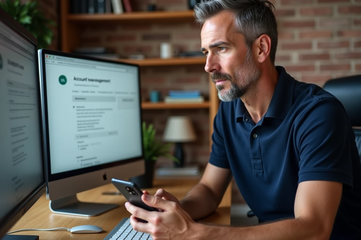 Homme gérant ses services en ligne CGI Network depuis son bureau à domicile avec ordinateur et smartphone