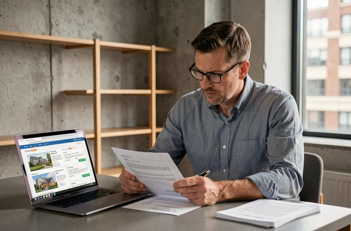 Un homme examine attentivement un contrat immobilier chez lui, représentant l'étape de signature et de vérification lors d'un projet immobilier