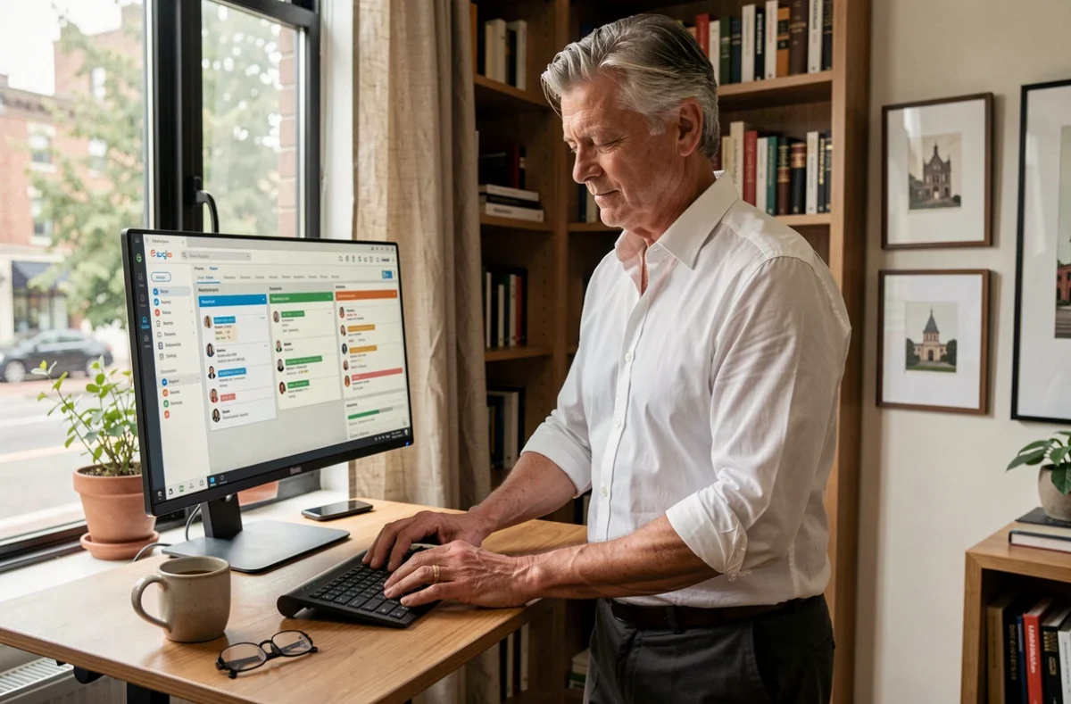 Homme travaillant depuis son bureau à domicile sur un logiciel de gestion de projet illustrant le télétravail et la transformation digitale des entreprises